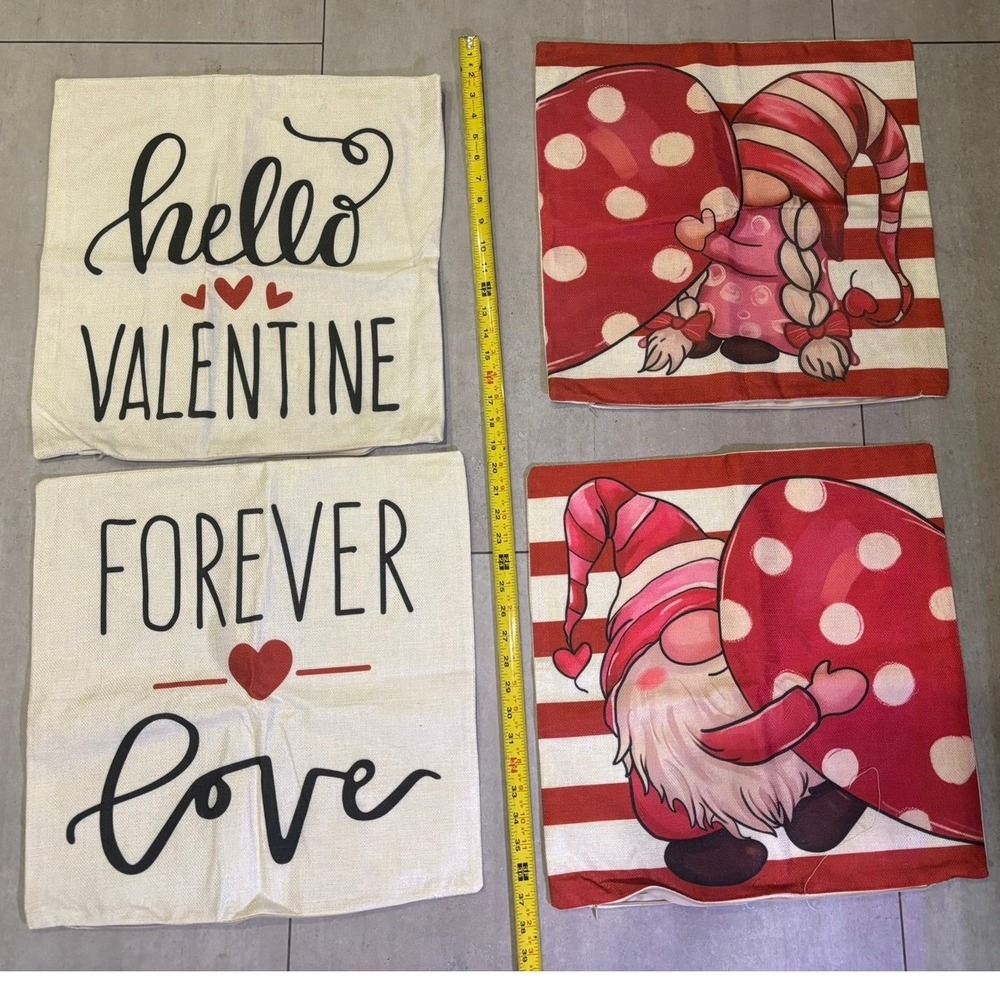 Valentine Gnomes Throw Pillow Covers Set of 4 Red Pink Hearts 18x18 Home Decor